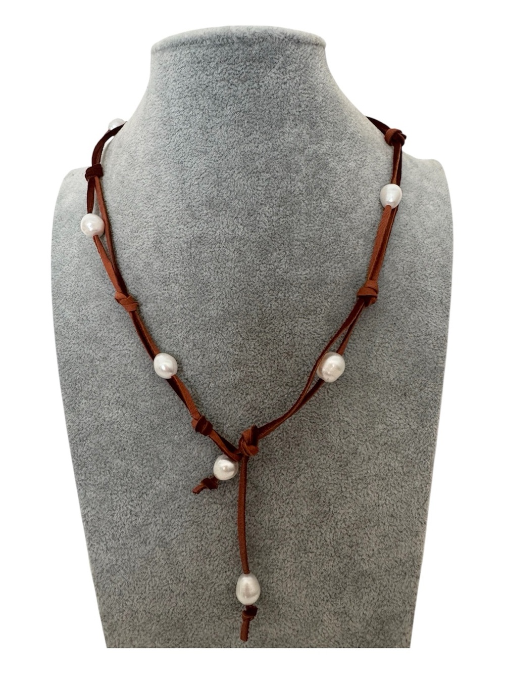 Sundance Genuine Pearl Station Brown Suede Leather Lariat Necklace NEW